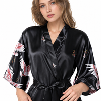 Women's Black Satin Kimono Robe with Red Crane Print