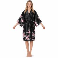 Women's Black Satin Kimono Robe with Red Crane Print