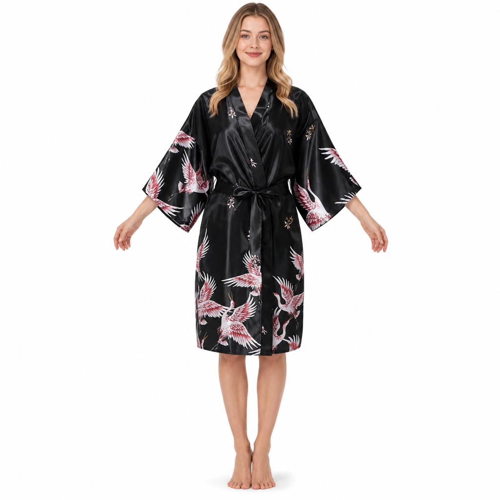 Women's Black Satin Kimono Robe with Red Crane Print