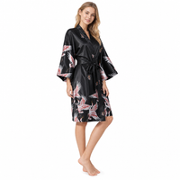 Women's Black Satin Kimono Robe with Red Crane Print