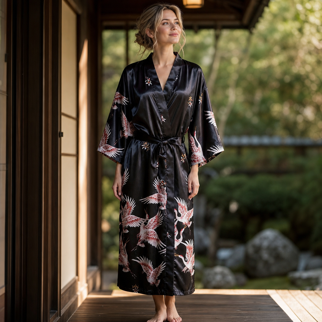 Women's Black Satin Kimono Robe with Red Crane Print
