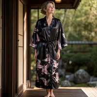Women's Black Satin Kimono Robe with Red Crane Print
