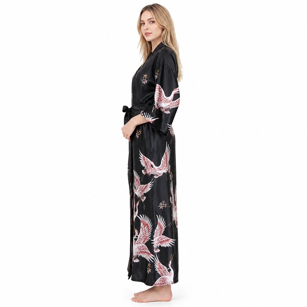 Women's Black Satin Kimono Robe with Red Crane Print