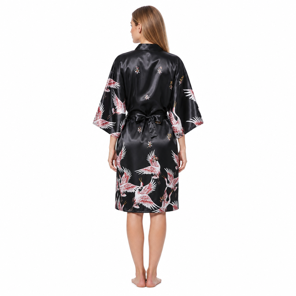 Women's Black Satin Kimono Robe with Red Crane Print