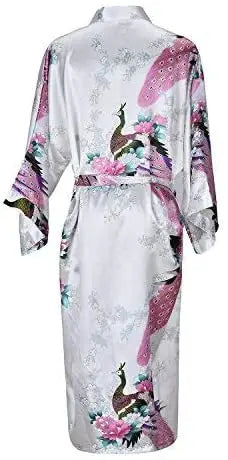 Navy Blue Satin Kimono Robe with Peacock Print
