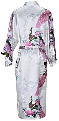 Black Satin Kimono Robe with Peacock Print