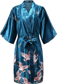 Teal Blue Satin Kimono Robe with Crane Print