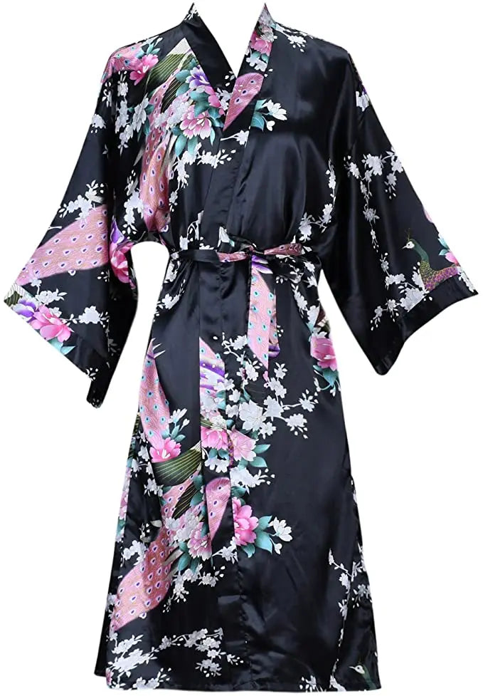Black Satin Kimono Robe with Peacock Print