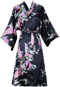 Black Satin Kimono Robe with Peacock Print