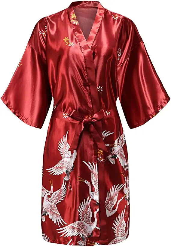 Deep Red Satin Kimono Robe with Crane Print