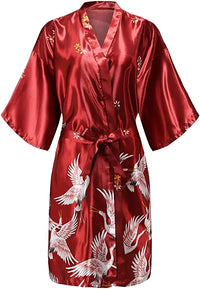 Deep Red Satin Kimono Robe with Crane Print