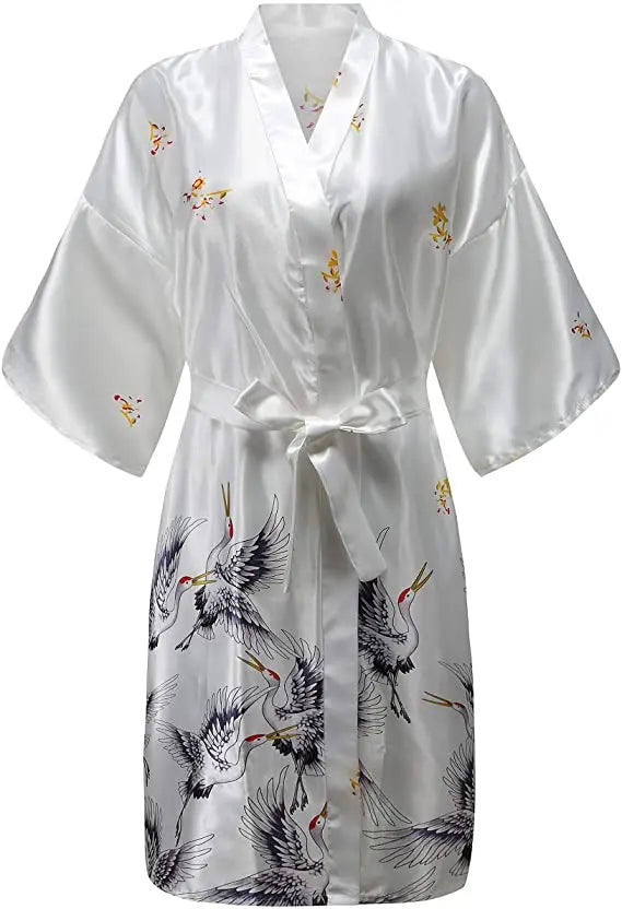 White Satin Crane Print Kimono Robe