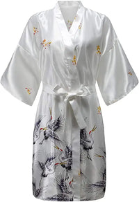 White Satin Crane Print Kimono Robe