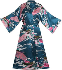 Teal Kimono Robe with Pink Peacock Floral Print