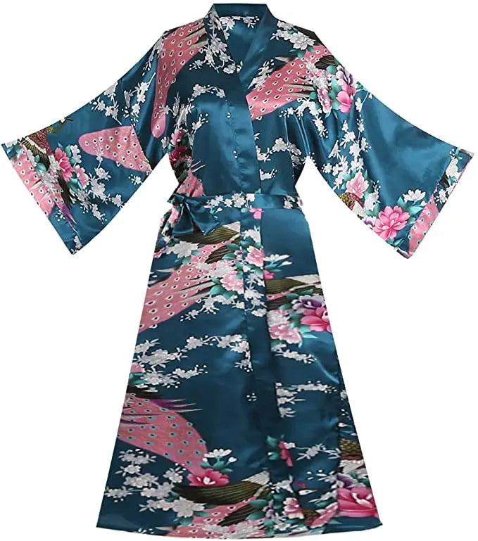 Teal Kimono Robe with Pink Peacock Floral Print