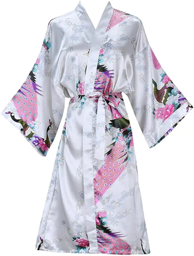White Satin Kimono Robe with Pink Peacock Print
