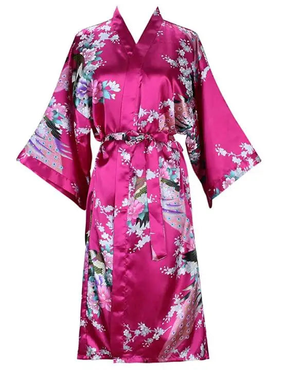 Fuchsia Satin Kimono Robe with Peacock Floral