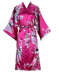 Fuchsia Satin Kimono Robe with Peacock Floral