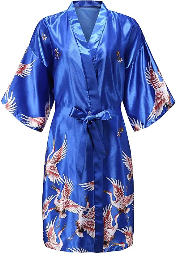 Royal Blue Satin Crane Print Kimono Robe