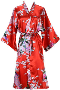 Red Satin Kimono Robe with Peacock Floral Print