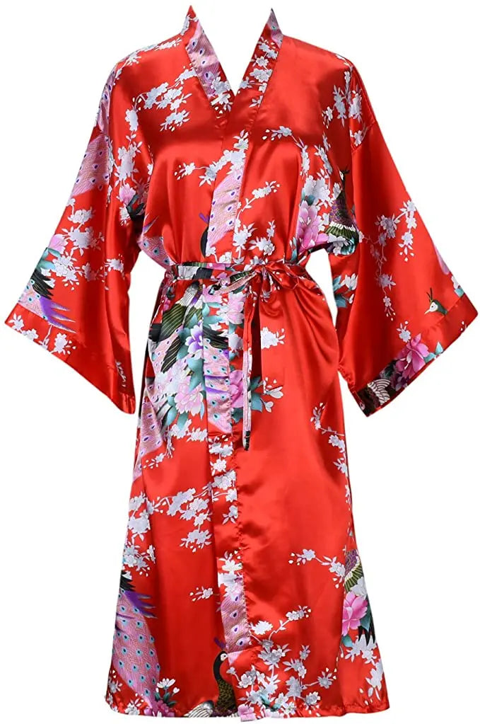 Red Satin Kimono Robe with Peacock Floral Print