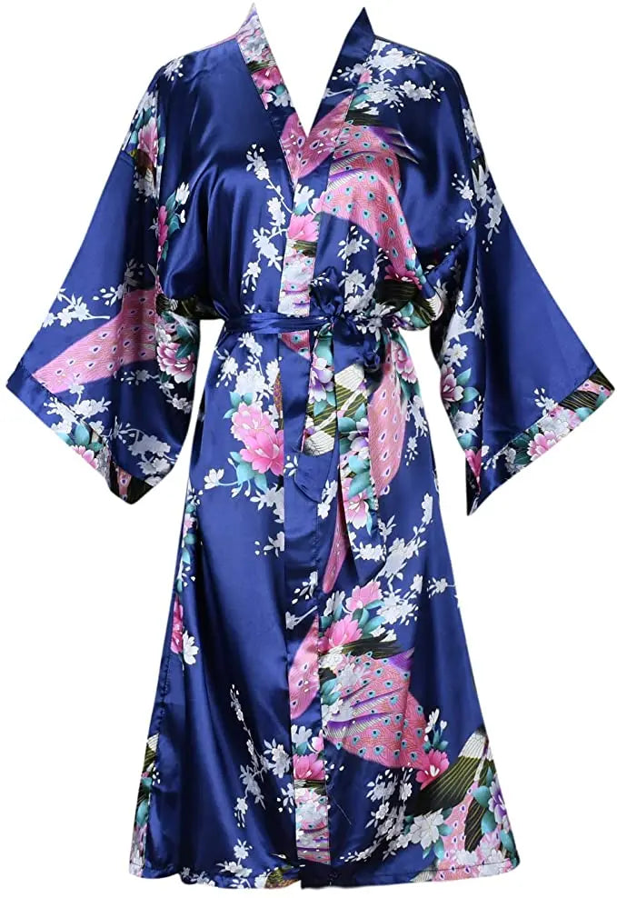 Navy Blue Satin Kimono Robe with Peacock Print