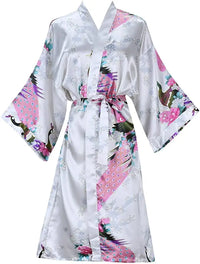 White Satin Kimono Robe with Pink Peacock Print