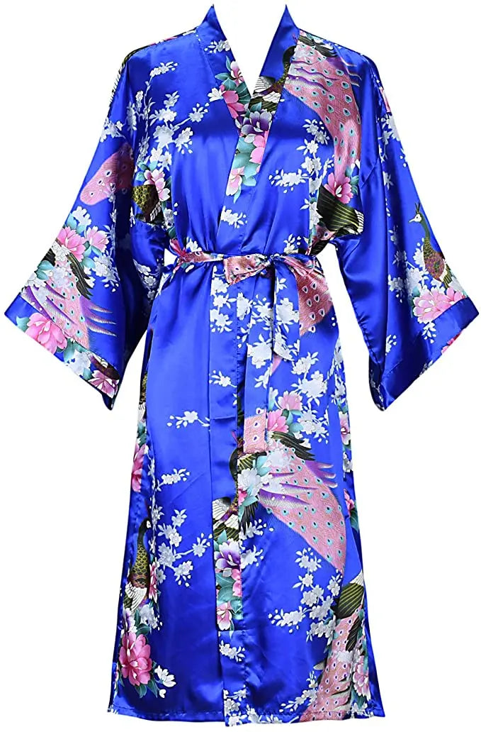 Royal Blue Satin Kimono with Peacock Floral Print