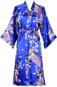 Royal Blue Satin Kimono with Peacock Floral Print