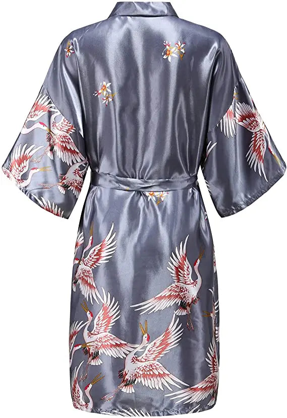Teal Blue Satin Kimono Robe with Crane Print