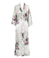 Satin Kimono Robe with Peacock Floral Print