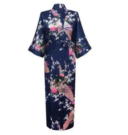 Navy Blue Silky Kimono Robe with Floral Bird Print