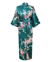 Emerald Green Satin Kimono Robe with Peacock Floral Print
