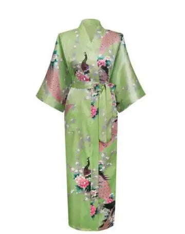 Sage Green Satin Kimono Robe with Peacock Print