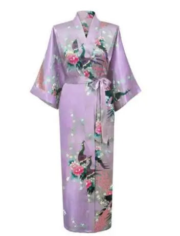Lavender Satin Kimono Robe with Peacock Print