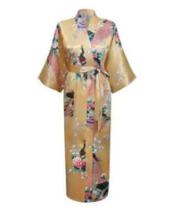 Light Blue Satin Kimono Robe with Peacock and Floral Print