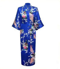 Women's Teal Satin Kimono Robe, Peacock Print