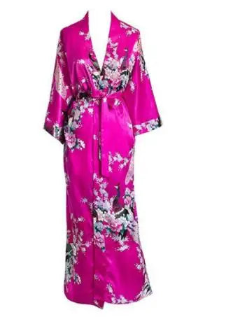 Women's Hot Pink Satin Floral Bird Kimono Robe