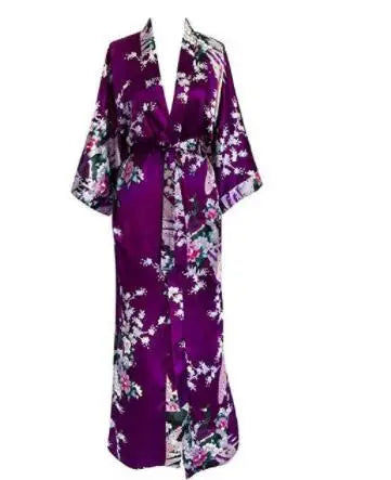 Plum Floral Satin Kimono Robe