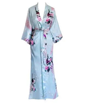 Light Blue Satin Kimono Robe with Peacock and Floral Print