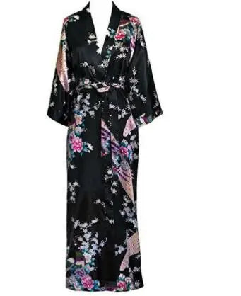 Black Satin Kimono Robe with Floral Bird Print