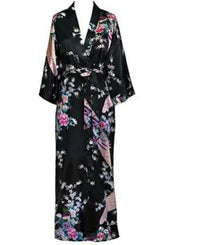 Black Satin Kimono Robe with Floral Bird Print