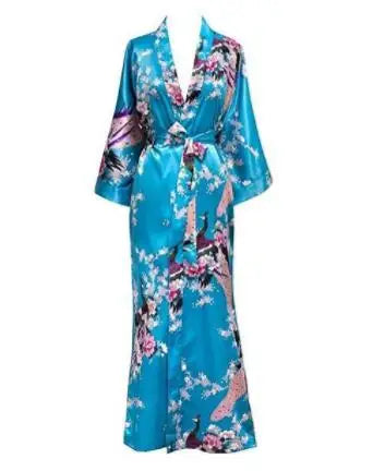Turquoise Satin Kimono Robe with Peacock Print