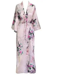 Light Pink Satin Kimono Robe with Peacock Floral Print