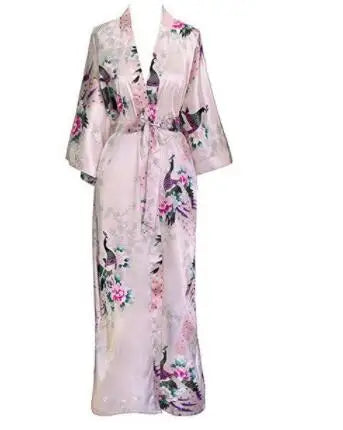 Light Pink Satin Kimono Robe with Peacock Floral Print