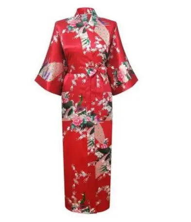 Long Red Peacock Print Kimono Robe