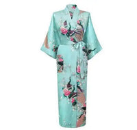 Women's Teal Satin Kimono Robe, Peacock Print
