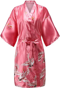 Women's Pink Satin Crane Print Kimono Robe