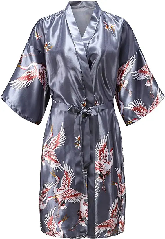 Women's Dark Grey Satin Kimono Robe with Cranes