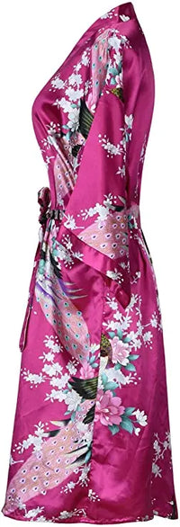 Navy Blue Satin Kimono Robe with Peacock Print